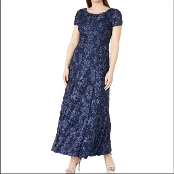 Alex Evenings Navy Floral Rosette A-Line Maxi Dress Size 14 NWT* Women's - Picture 1 of 9